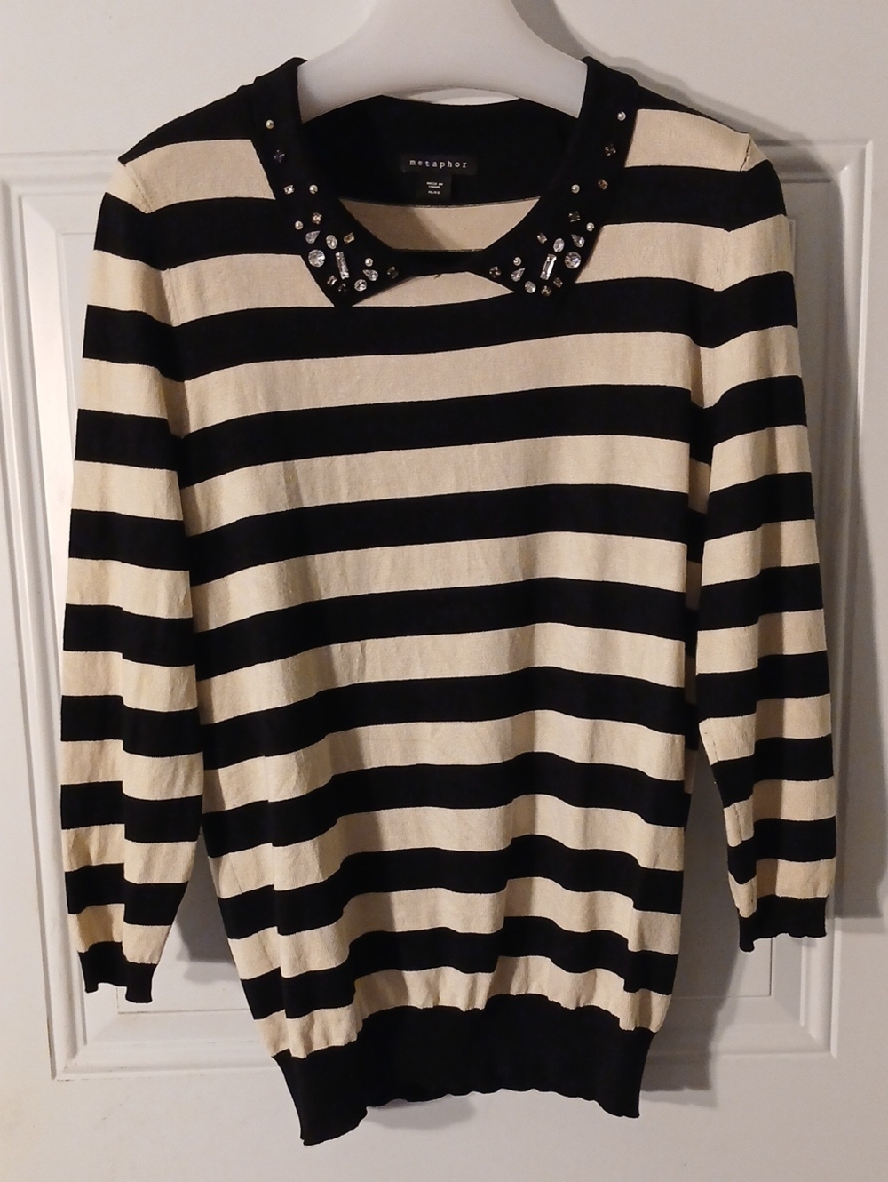 Metaphor Black and Cream Striped Sweater with Jeweled Collar